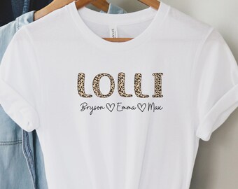 Lolli Shirt Personalized with Grandkids Names Custom Lolli Sweatshirt Leopard Print Cute Lolli Shirt T-Shirt Tee Mothers Mother's Day Gift