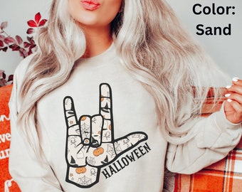 ASL Halloween Sweatshirt Gift for ASL Teacher or Learner, American Sign Language Crewneck for Teacher, I Love Halloween ASL Sweatshirt