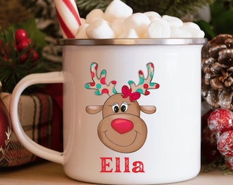 Kids Personalized Christmas Campfire Mug, Kids Christmas Mug Reindeer, Reindeer Face Mug, Custom Camp Mug, Custom Reindeer, Boy Reindeer