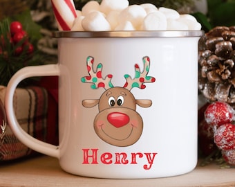 Kids Personalized Christmas Campfire Mug, Kids Christmas Mug Reindeer, Reindeer Face Mug, Custom Camp Mug, Custom Reindeer, Boy Reindeer