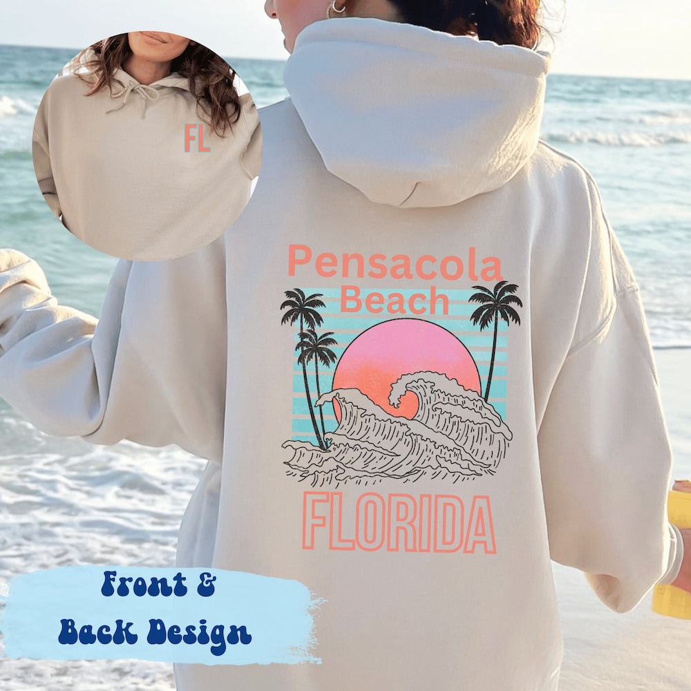 Snorider Design Pensacola Beach Sweatshirt Hoodie Front Back Design Gift For Her, Florida Beach Hoodie, Beach Sweatshirt For Women, Sand Hoodie Back, Bach