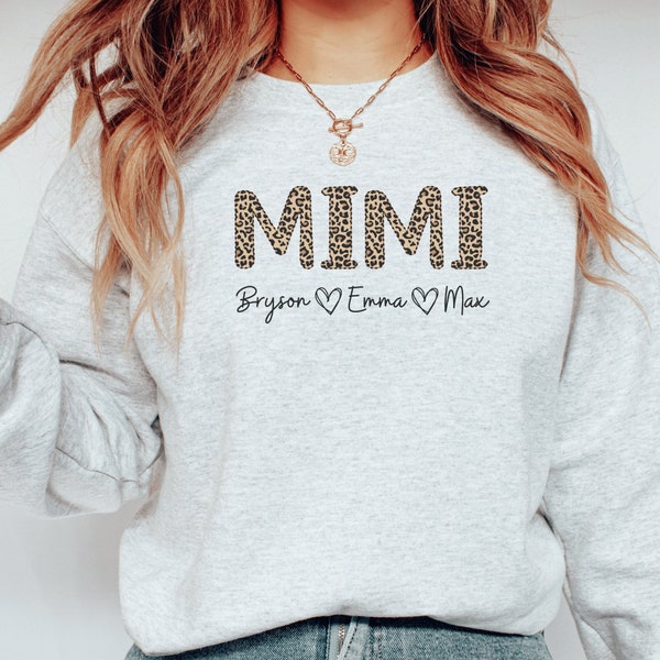 Mimi Sweatshirt Personalized with Names Custom Mimi Sweatshirt Leopard Print Cute Mimi Shirt Gift Birthday Mothers Day Mimi Gran Sweatshirts