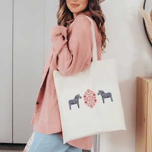 Dala Horse Tote Bag for Scandinavian Folk Art Lover, Swedish Horse Canvas Tote Bag for Ancestry Gift, Dalmalning Art Gift for Sister or Mom