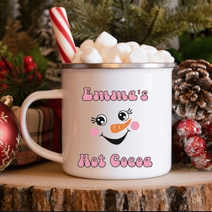 Kids Personalized Christmas Campfire Mug, Kids Christmas Mug Snowman, Snowman Face Mug, Custom Camp Mug, Custom Name, Hot Cocoa Mug, Snowman