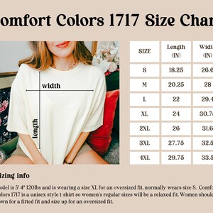 May include: Size chart for a unisex t-shirt in various sizes from S to 4XL. The chart shows the length and width measurements in inches. The model is wearing a size XL t-shirt.