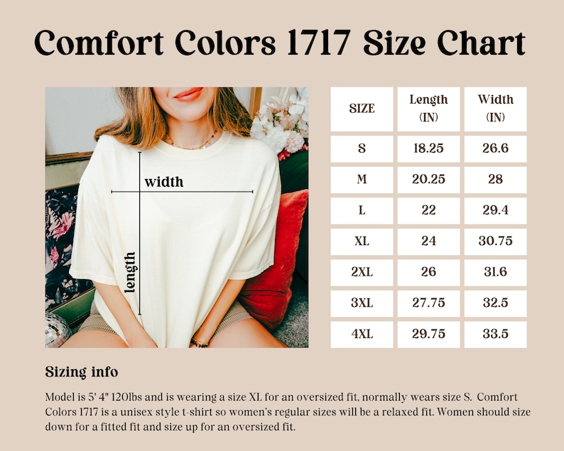 May include: Size chart for a unisex t-shirt in various sizes from S to 4XL. The chart shows the length and width measurements in inches. The model is wearing a size XL t-shirt.