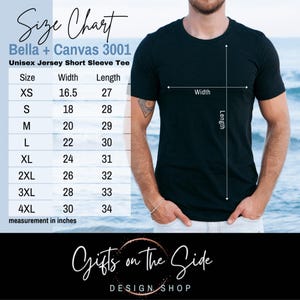 Op de afbeelding: Maattabel voor een unisex T-shirt met korte mouwen, Bella + Canvas 3001. De tabel toont de breedte en lengte in inches voor maten XS tot 4XL.
