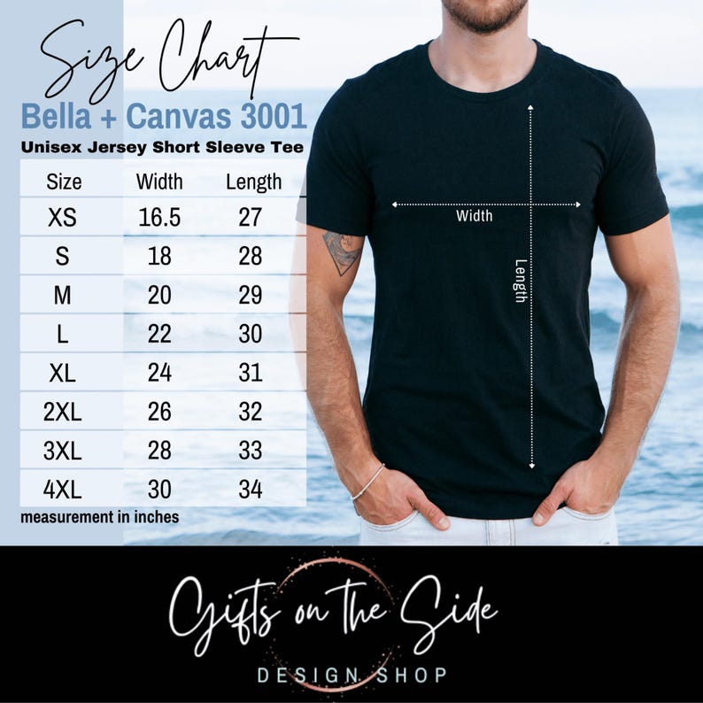 Op de afbeelding: Maattabel voor een unisex T-shirt met korte mouwen, Bella + Canvas 3001. De tabel toont de breedte en lengte in inches voor maten XS tot 4XL.