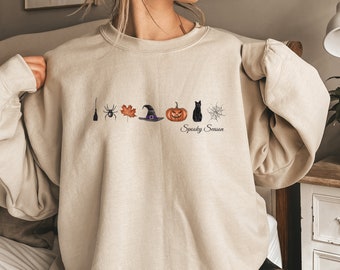 Women's Spooky Season Halloween Sweatshirt Halloween Collage Sweatshirt Halloween Pumpkin Crewneck Sweatshirt Cute Women's Fall Sweatshirt