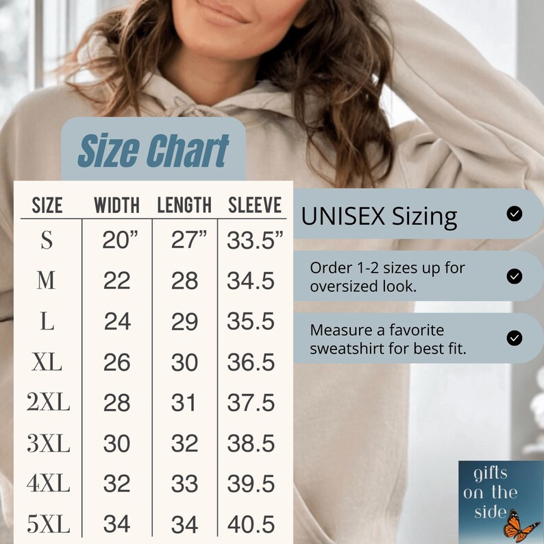 May include: Size chart for a unisex hoodie with measurements in inches for width, length, and sleeve. The chart shows sizes from S to 5XL. The chart also includes sizing tips for an oversized look and for measuring a favorite sweatshirt for best fit.