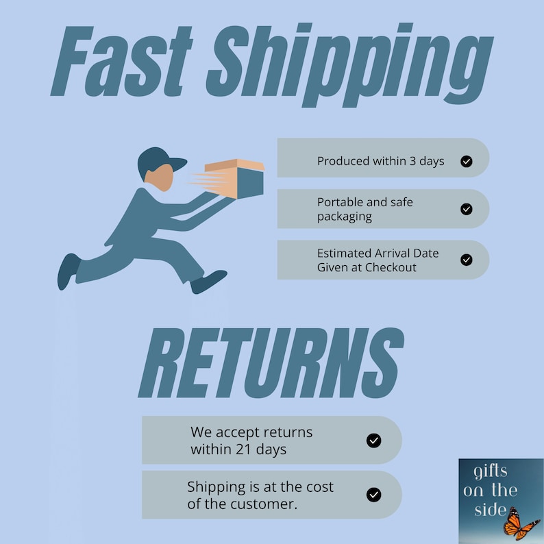 May include: Illustration of a person delivering a package with a checkmark next to the text "Produced within 3 days", "Portable and safe packaging", and "Estimated Arrival Date Given at Checkout".  The text "RETURNS" is in large letters.  Below the text are two checkmarks next to the text "We accept returns within 21 days" and "Shipping is at the cost of the customer."