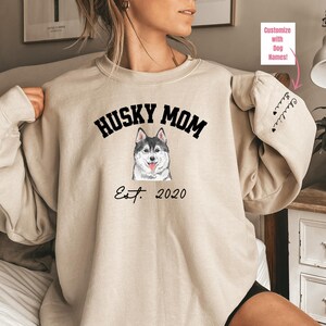 Custom Husky Mom Shirt Sweatshirt Gift for Husky Lover Personalized with Established Date and Husky Name on Sleeve Siberian Husky