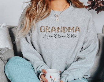 Mother's Day Gift for Grandma, Custom Grandma Sweatshirt With Grandkids Names, Leopard Print Grandma Sweatshirt, Grandma Sweatshirt, 2XL 3XL