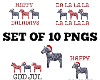 Dala Horse PNG Digital Download Bundle Set of 10, God Jul Christmas Shirt Design PNG, Swedish Heritage Ancestry Dala Shirt Design PNG
