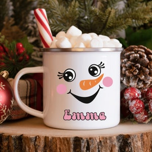 Kids Personalized Christmas Campfire Mug Custom Mugs Campfire Hot Chocolate Mugs Cute Snowman Face Mug with Custom Name Christmas Gift Idea