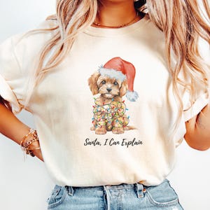 May include: Cream-colored sweatshirt featuring a watercolor illustration of a brown dog wearing a Santa hat and wrapped in Christmas lights. The text "Santa, I Can Explain" is printed below the dog.