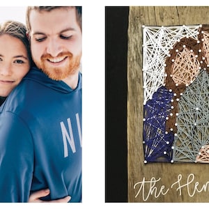 May include: A string art portrait of a couple on a wooden board, with the names "The Henries" written below. The portrait uses white, blue, brown, and gray thread. The image also shows a couple embracing, with the woman leaning on the man's shoulder.