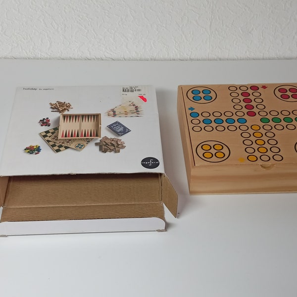 Vintage Spielesammlung aus Holz Spiele Schach Dame Mikado Domino Mensch ärgere dich nicht Backgammon