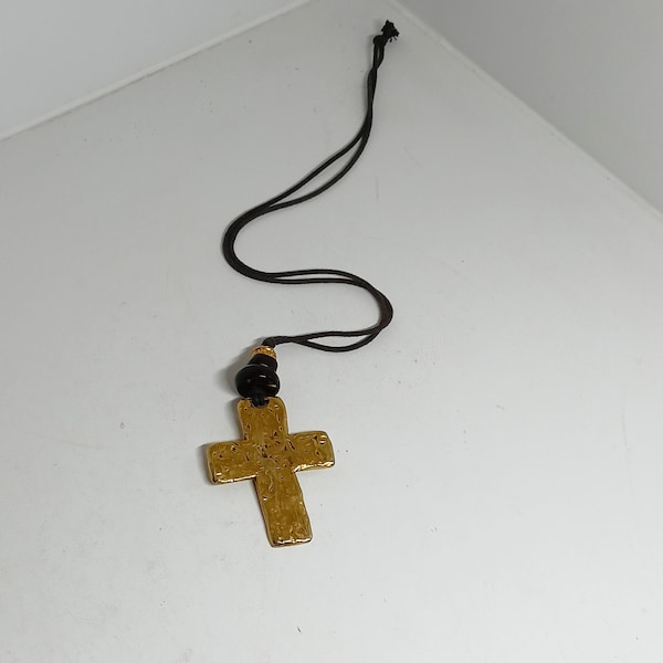 Cross metal Jacky de G Paris necklace leather cord brutalist style heavy with metal pendant vintage chain leather collar with knot