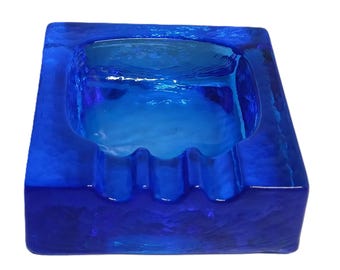Ashtray 1034 grams vintage glass Mid Century Shabby Chic country style glass ashtray heavy in dark blue midcentury solid glass