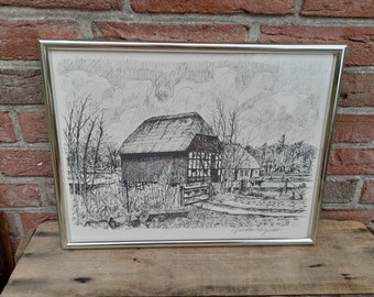 Picture drawing with signature Gustav Holgersen Farmhouse Denmark with signature of Danish landscape painter in watercolor and graphic artist