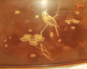 small vintage wooden tray with bird depictions