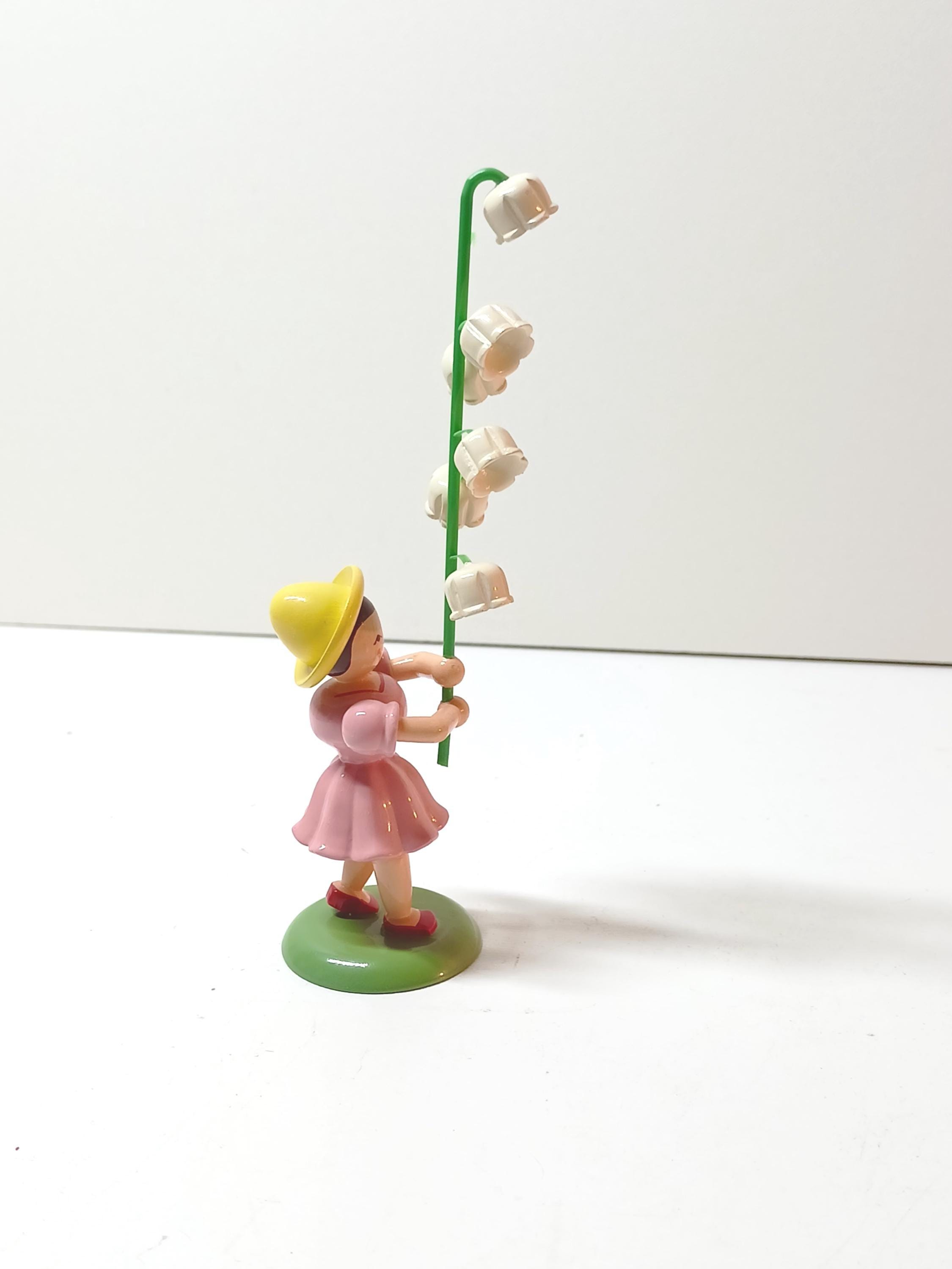 Erzgebirge flower child lily of the valley, girl with pink dress and summer hat, Grünhainichen Blank made in Gernmany, handmade wooden art