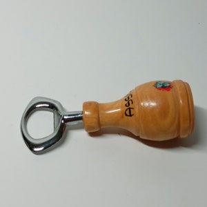 Assisi bottle opener vintage, bottle opener, cap lifter, stainless steel opener wooden handle, wood and metal, souvenir, keepsake