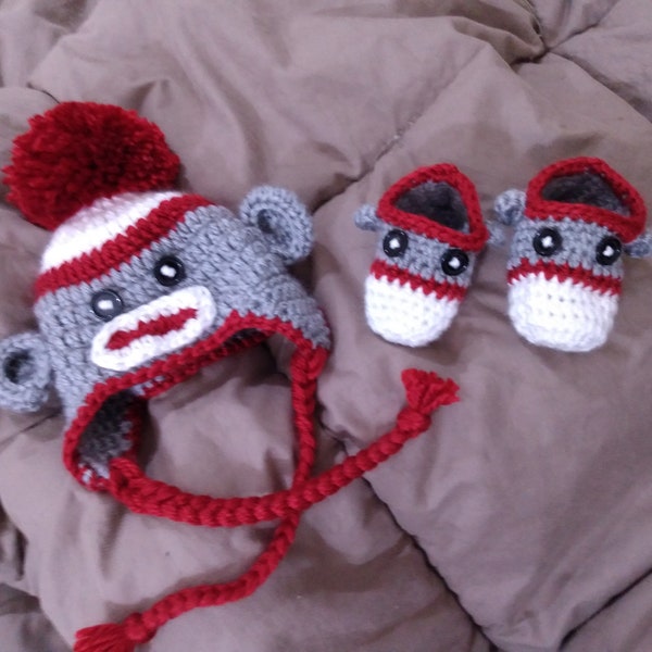 Newborn Unisex Sock Monkey Hat and Booties Set