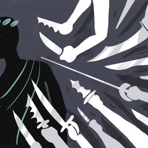 May include: A black silhouette of a person with a crown of leaves and a red eye is surrounded by white silhouettes of hands holding knives.