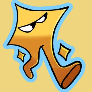 May include: A yellow, star-shaped cartoon character with a single eye, a wide grin, and two legs, outlined in light blue. The character features a gradient yellow body, a dark brown lower leg, and two small yellow star icons, with the text MUSHROOMSTARS.