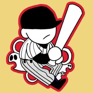 May include: Cartoon illustration of a baseball player in a black cap and striped uniform, holding a white bat. The design features a red outline and ghost-like shapes on a yellow background.