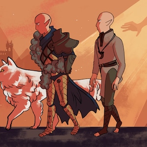 Puede incluir: Dos figuras calvas con aspecto de elfo se alejan de un castillo en la distancia. La figura de la izquierda lleva armadura y una capa azul, y está acompañada por un lobo blanco. La figura de la derecha lleva una túnica y pantalones marrones. El fondo es de color naranja cálido.