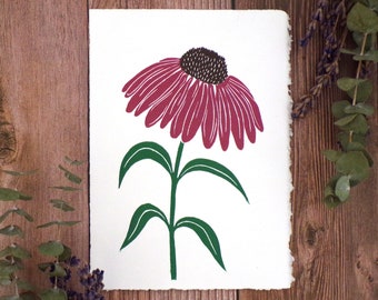 Coneflower Linocut Art Print | 5x7 Original Open Edition Print | Handprinted Linoleum Print | Floral Artwork from The Blooming Brush