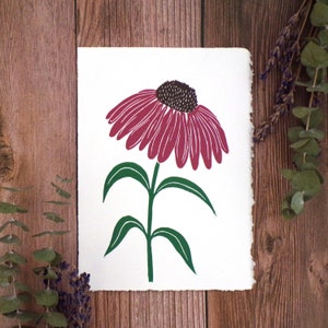 Coneflower Linocut Art Print | 5x7 Original Open Edition Print | Handprinted Linoleum Print | Floral Artwork from The Blooming Brush