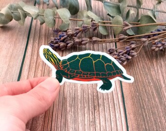 Painted Turtle Vinyl Sticker Based on Original Linocut Print | 3 Inch Matte Finish Sticker | Weatherproof, Dishwasher Safe, UV Protected