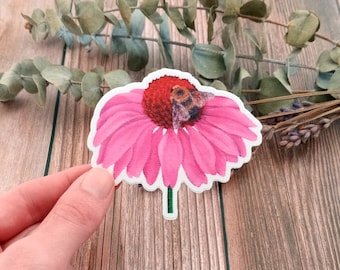 Coneflower & Bee Vinyl Sticker Based on Original Painting | Floral 3 Inch Matte Sticker | Weatherproof, Dishwasher Safe, UV Protected