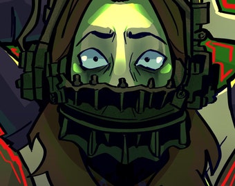 Könnte beinhalten: Eine Frau mit langen braunen Haaren trägt eine dunkelgrüne und schwarze Metallmaske mit scharfen Zähnen. Die Maske ist mit Riemen an ihrem Kopf befestigt und hat einen Metallbalken über ihrem Mund. Das Gesicht der Frau ist blass und sie hat einen ängstlichen Gesichtsausdruck. Der Hintergrund ist dunkelgrün.