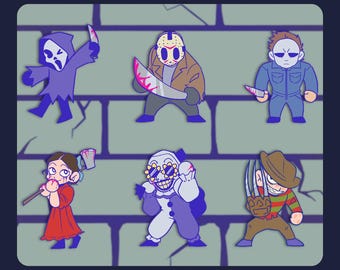 May include: A set of six acrylic pins titled SLASHER PINS. The pins feature cartoon-style characters including a hooded figure, a hockey-masked character with a blade, a man in a jumpsuit, a girl with an axe, a clown, and a clawed character.