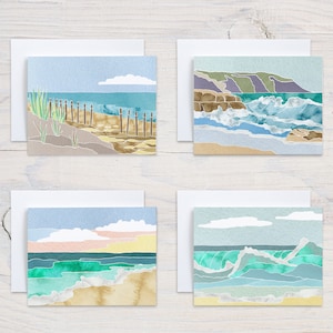 Conjunto de 8 cartões de notas de paisagem de praia, design minimalista em aquarela original
