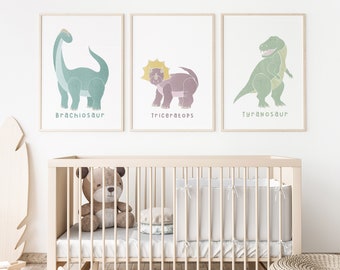 Set of 6 Dinosaur Watercolor Prints, Nursery Wall Art