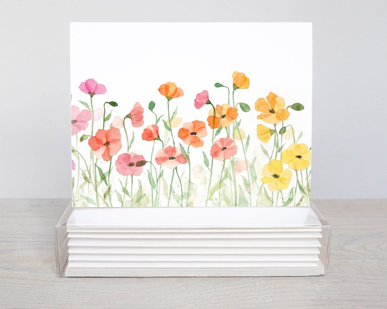 Watercolor Field of Poppies Blank Note Card Set - Etsy