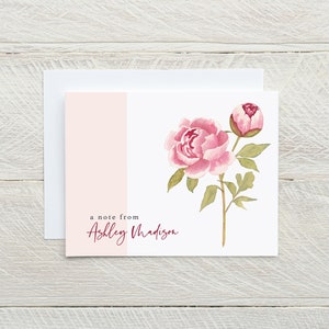 Personalized Note Cards, Watercolor Peony, Monogram Stationary
