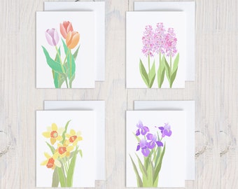 Set of 8 Colorful Spring Flowers Note Cards, Original Artwork, Minimalist Design