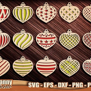 Corações de Natal svg, arquivos de corte de decorações de Natal, enfeites de árvore de Natal SVG, arquivos de corte a laser, Cricut, Silhueta, Glowforge, DD0206