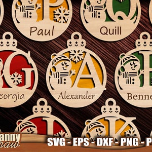 Bolas de Navidad svg, 5, Monograma svg, Muñeco de nieve svg, Adornos de muñeco de nieve svg, Adorno de Navidad svg, Archivo cortado con láser, Glowforge, Cricut, DD0281