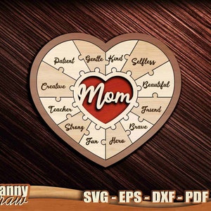 Mom puzzle svg, Mom svg, 2 Layer Mom Sign, Mom Sign Cut File, Mom Heart svg, Mom life svg, laser svg, Glowforge, Cricut, Silhouette, DD0255