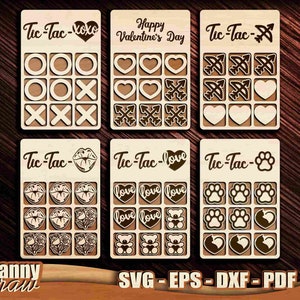 Tic Tac Toe, 2 couches Laser cut svg, Saint-Valentin, Rose, Patte, Ours en peluche, Flèche, Amour, XOXO, Cœur, Baiser, CNC Laset cut, Glowforge, DD0248