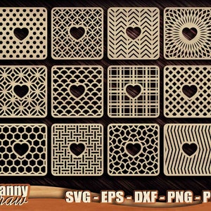 Porta-copos quadrados SVG, modelos de porta-copos de madeira, coração svg, modelos de trivet, decoração de parede com corte a laser, Cricut, silhueta, Glowforge, CNC, DD0119