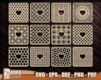 Square Coasters SVG, Wood Coaster Templates, Heart svg, Trivet Templates, Laser Cut Wall Decor, Cricut, Silhouette, Glowforge, CNC, DD0119